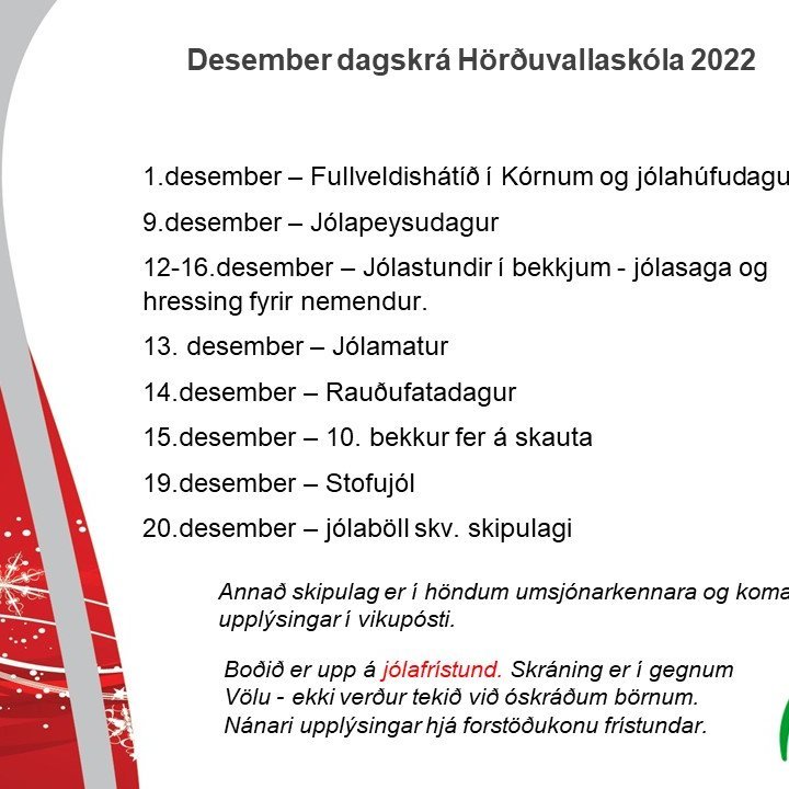 Dagskrá Hörðuvallaskóla í desember